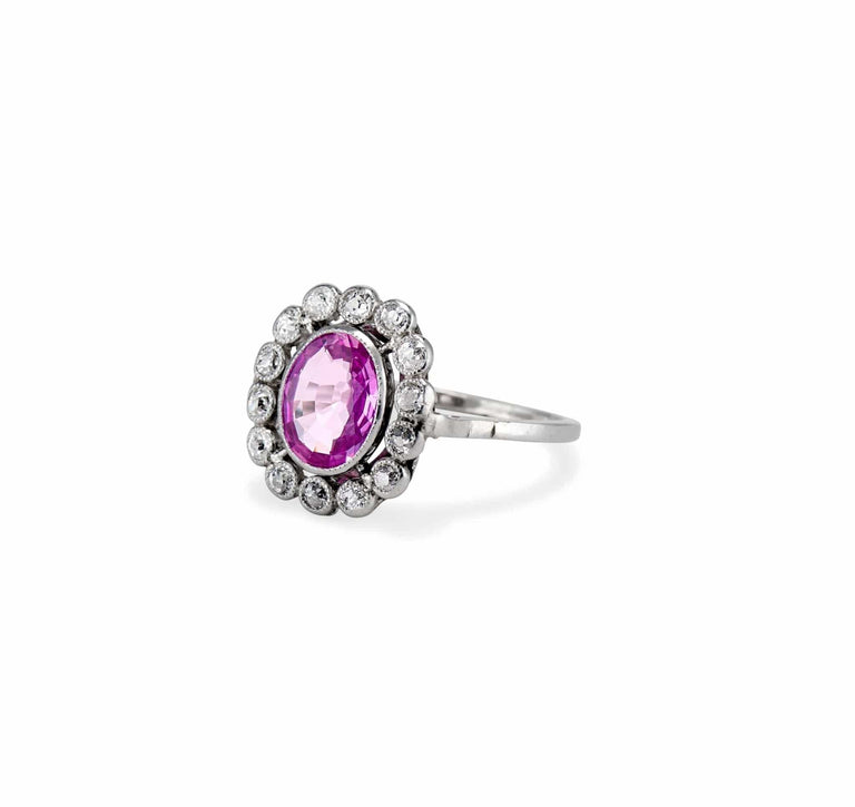 Edwardian Oval-Cut Pink Sapphire & Diamond Cluster Ring, France