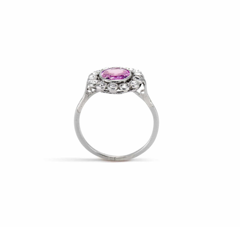 Edwardian Oval-Cut Pink Sapphire & Diamond Cluster Ring, France