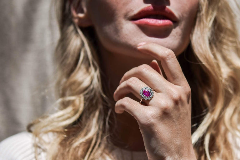 Edwardian Oval-Cut Pink Sapphire & Diamond Cluster Ring, France