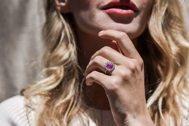 Edwardian Oval-Cut Pink Sapphire & Diamond Cluster Ring, France