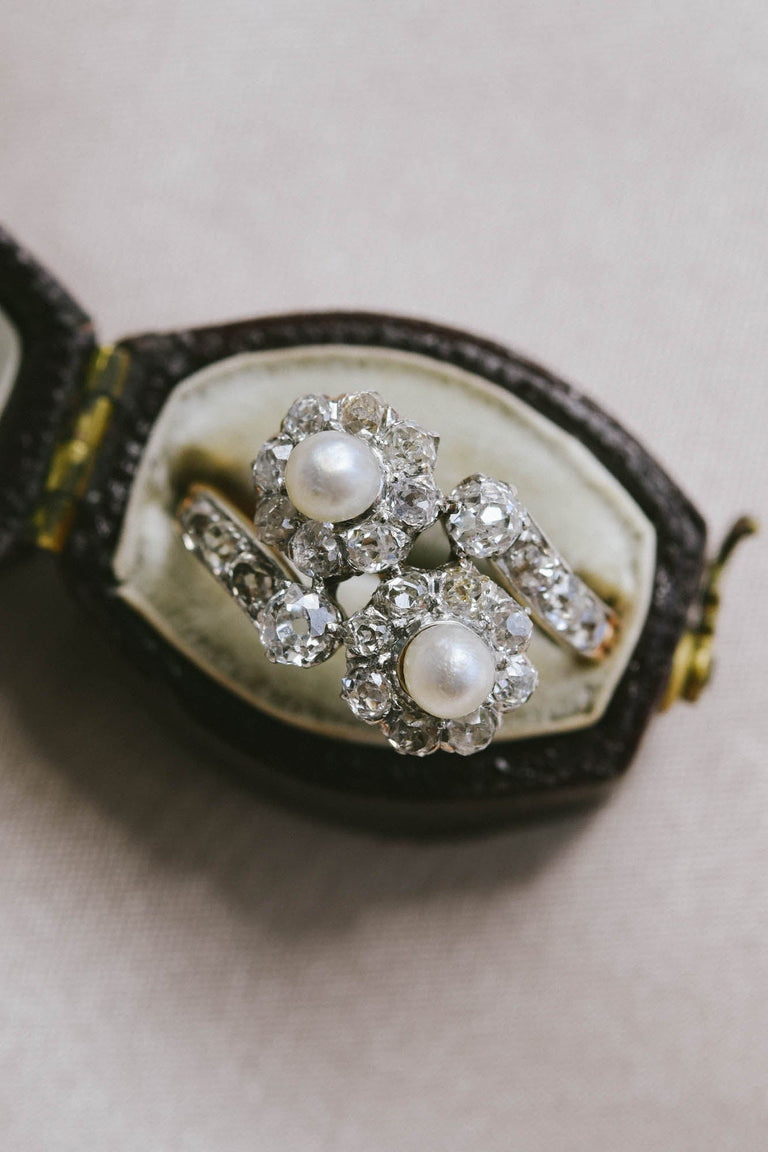 Edwardian Pearl & Old Mine Diamond Toi et Moi Ring