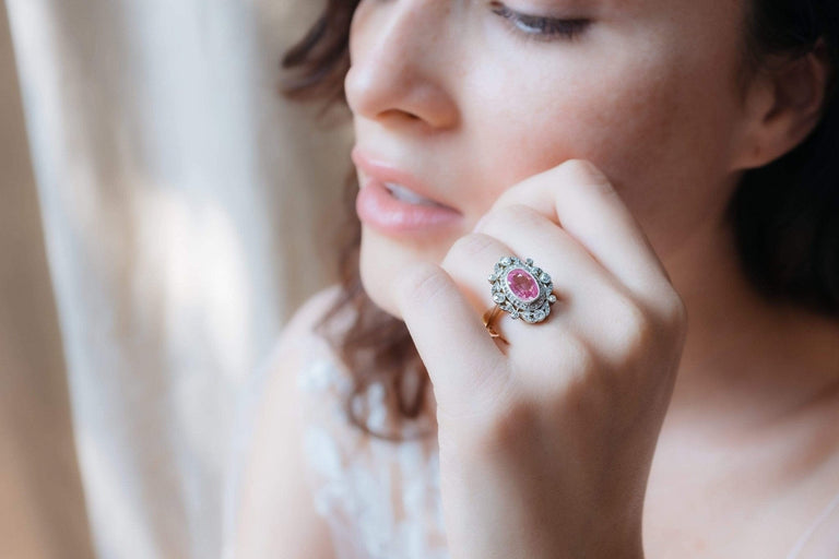 Edwardian Pink Sapphire & Diamond Garland Engagement Ring
