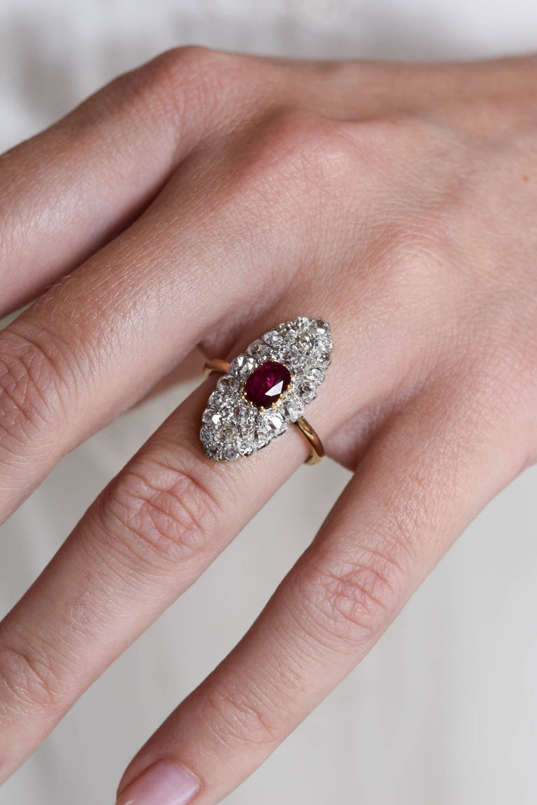 Edwardian Ruby & Diamond Navette Ring