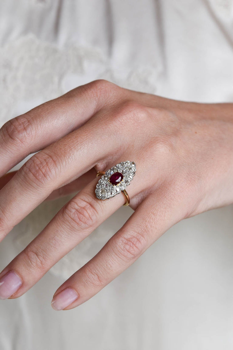 Edwardian Ruby & Diamond Navette Ring