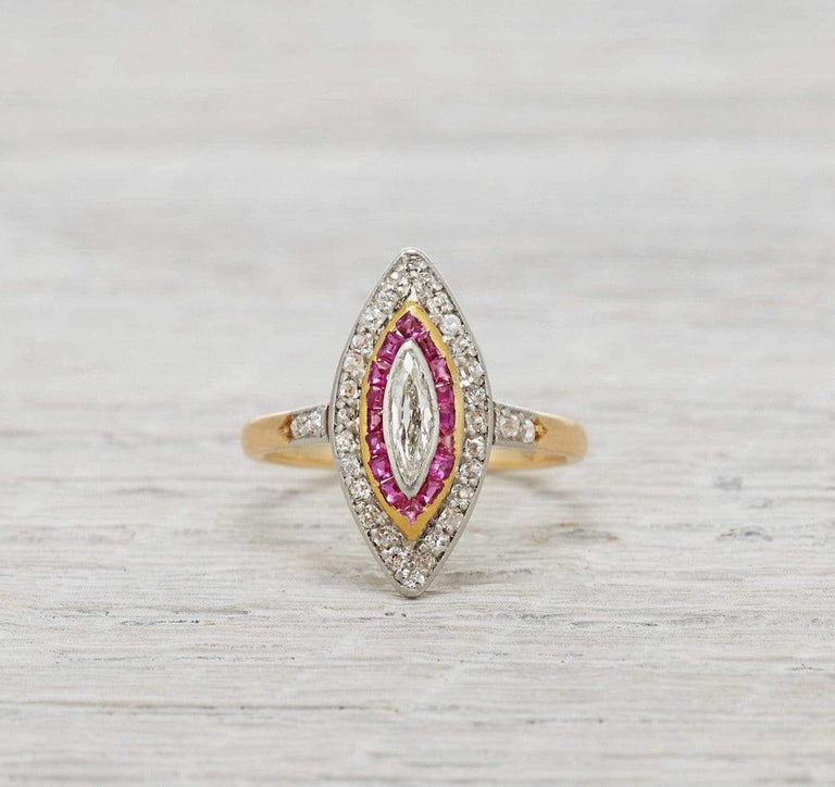 Edwardian Ruby & Marquise Cut Diamond Engagement Ring