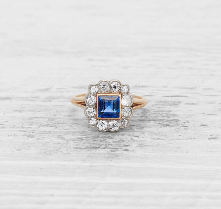 EDWARDIAN SAPPHIRE AND DIAMOND CLUSTER ENGAGEMENT RING