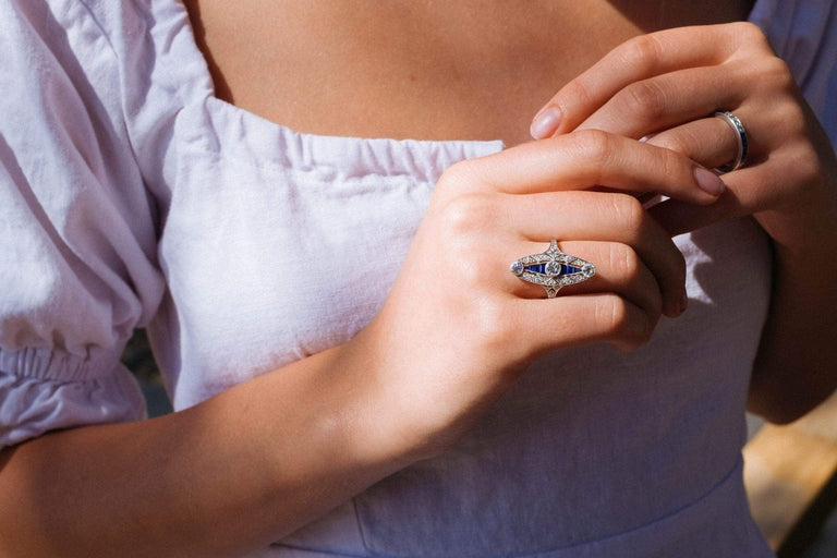 Edwardian Sapphire and Diamond Navette Ring