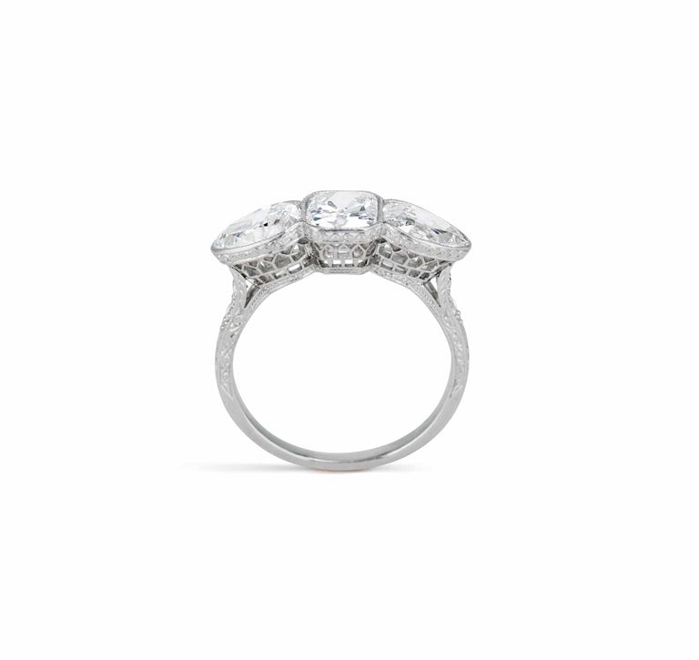 Edwardian Three Stone Emerald & Pear Cut Diamond Engagement Ring