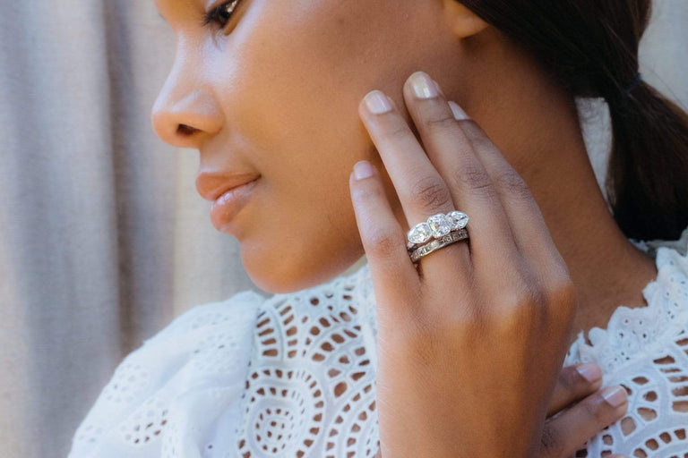 Edwardian Three Stone Emerald & Pear Cut Diamond Engagement Ring