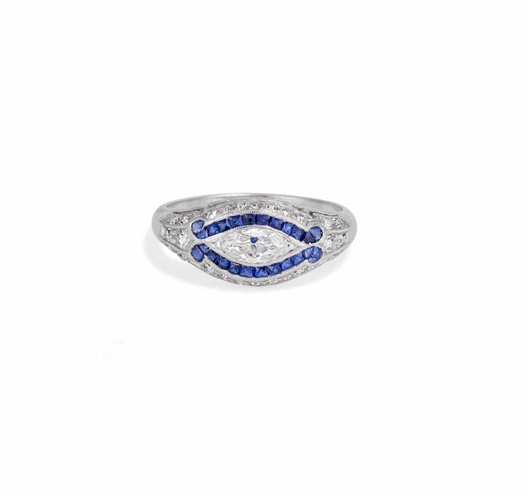 Egyptian Revival Art Deco .40 Carat Marquise Diamond & Sapphire Ring