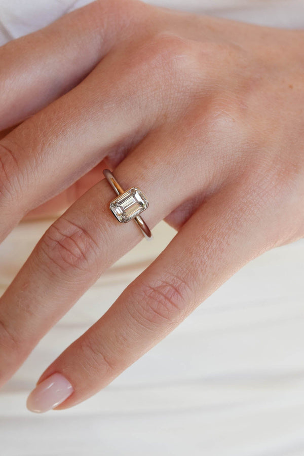 Emerald Cut Diamond 18k Gold Solitaire Bezel Set Engagement Ring