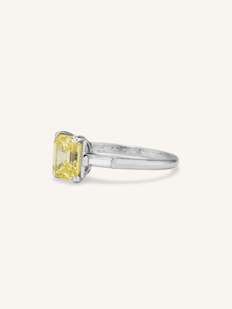 Art Deco 1.86 Carat Emerald Cut Intense Fancy Yellow Diamond Engagement Ring