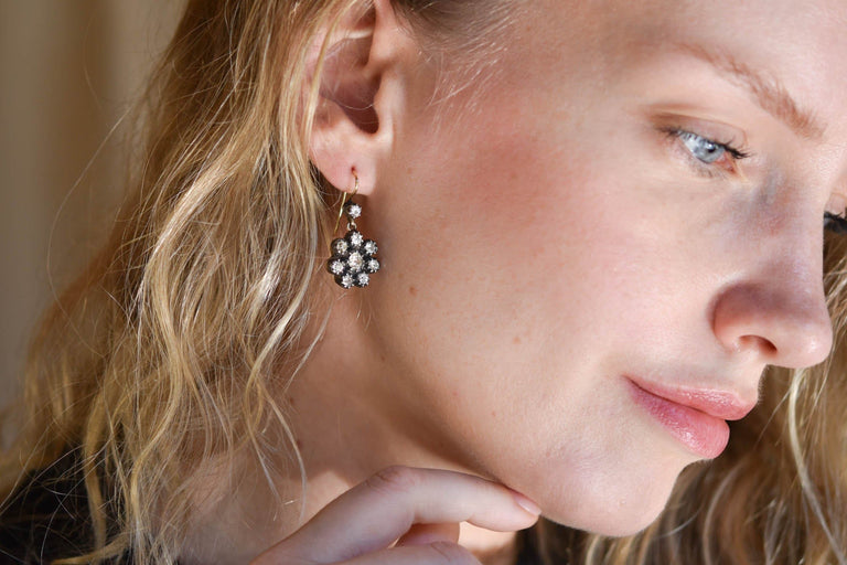 Estate Old Mine Cut Diamond Cluster Earrings