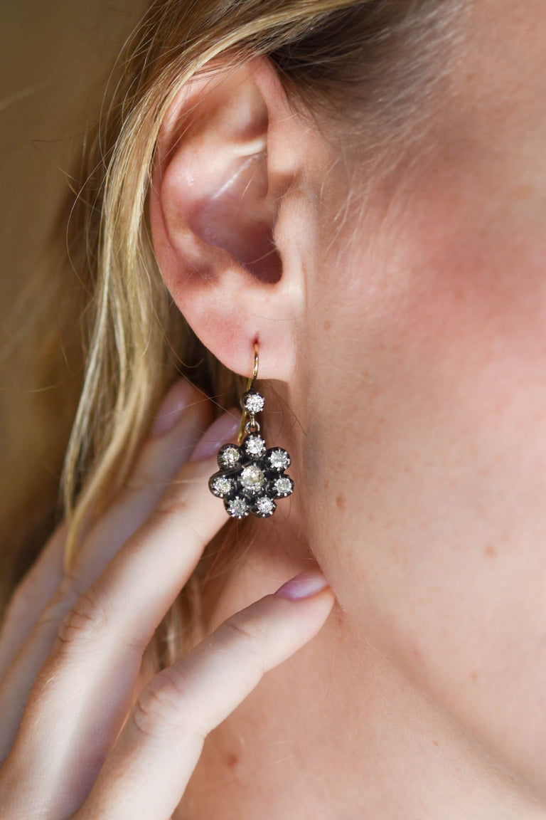 Estate Old Mine Cut Diamond Cluster Earrings
