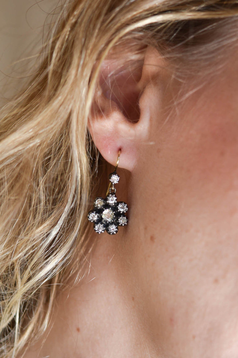 Estate Old Mine Cut Diamond Cluster Earrings
