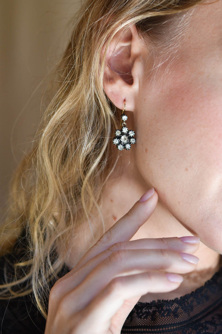 Estate Old Mine Cut Diamond Cluster Earrings