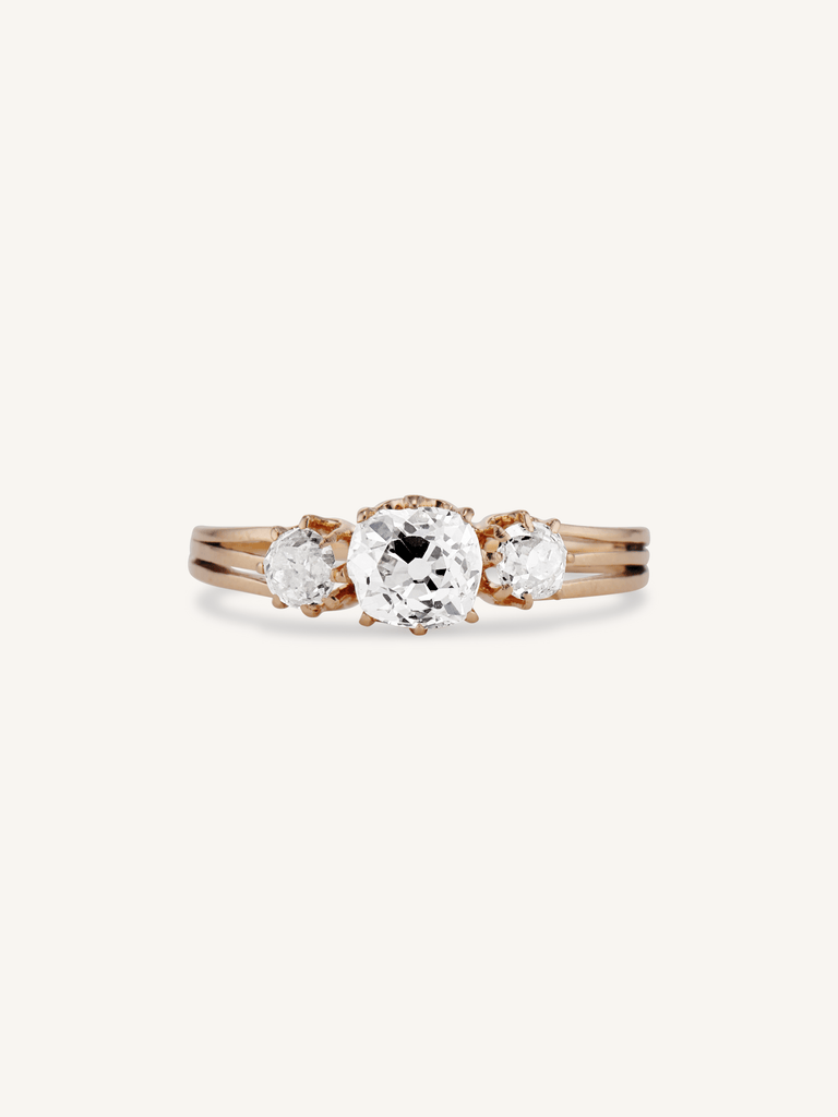 French Belle Époque Old Mine Cushion Three Stone Rose Gold Vintage Engagement Ring