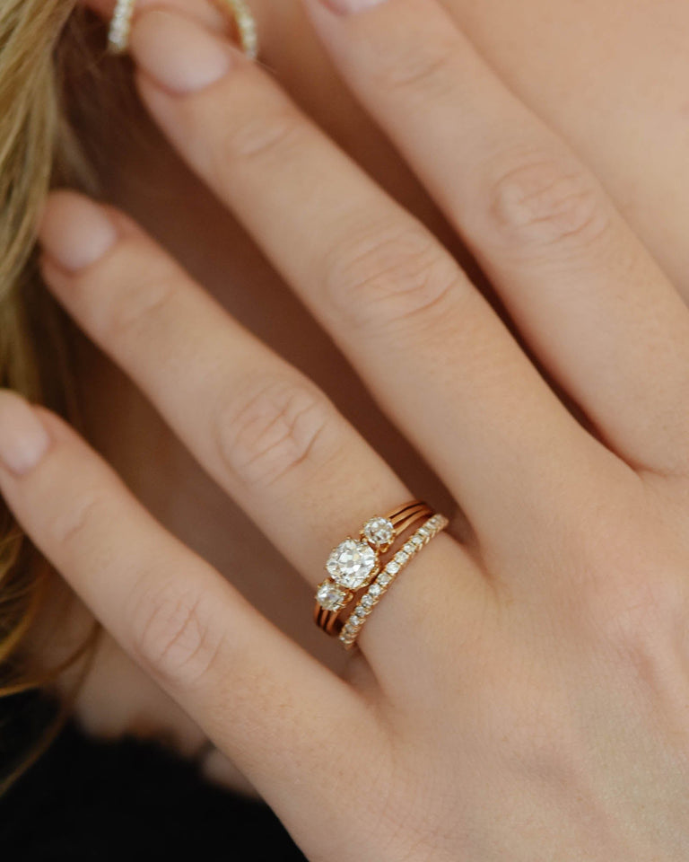 French Belle Époque Old Mine Cushion Three Stone Rose Gold Vintage Engagement Ring