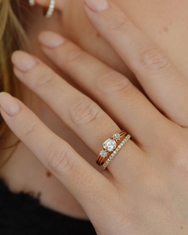 French Belle Époque Old Mine Cushion Three Stone Rose Gold Vintage Engagement Ring