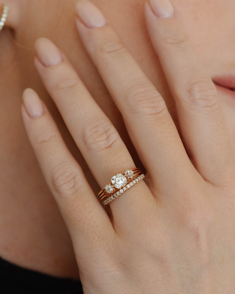 French Belle Époque Old Mine Cushion Three Stone Rose Gold Vintage Engagement Ring