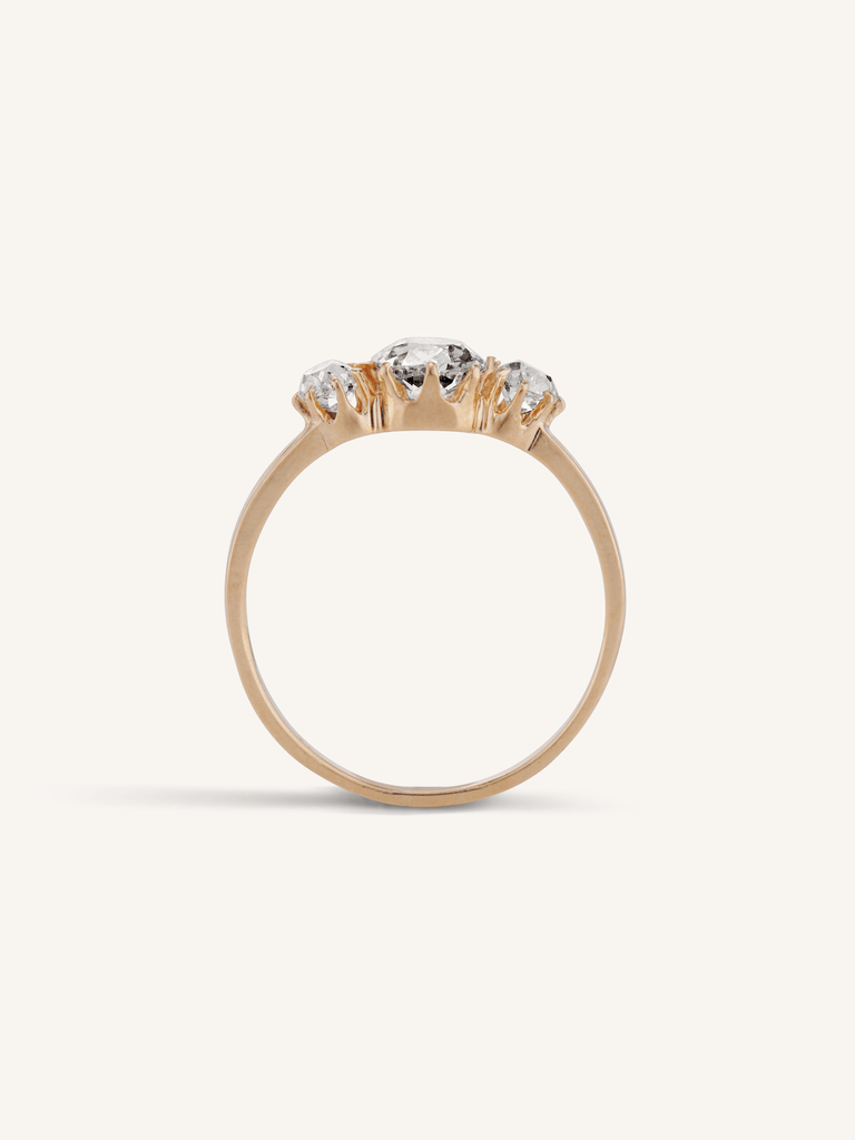 French Belle Époque Old Mine Cushion Three Stone Rose Gold Vintage Engagement Ring