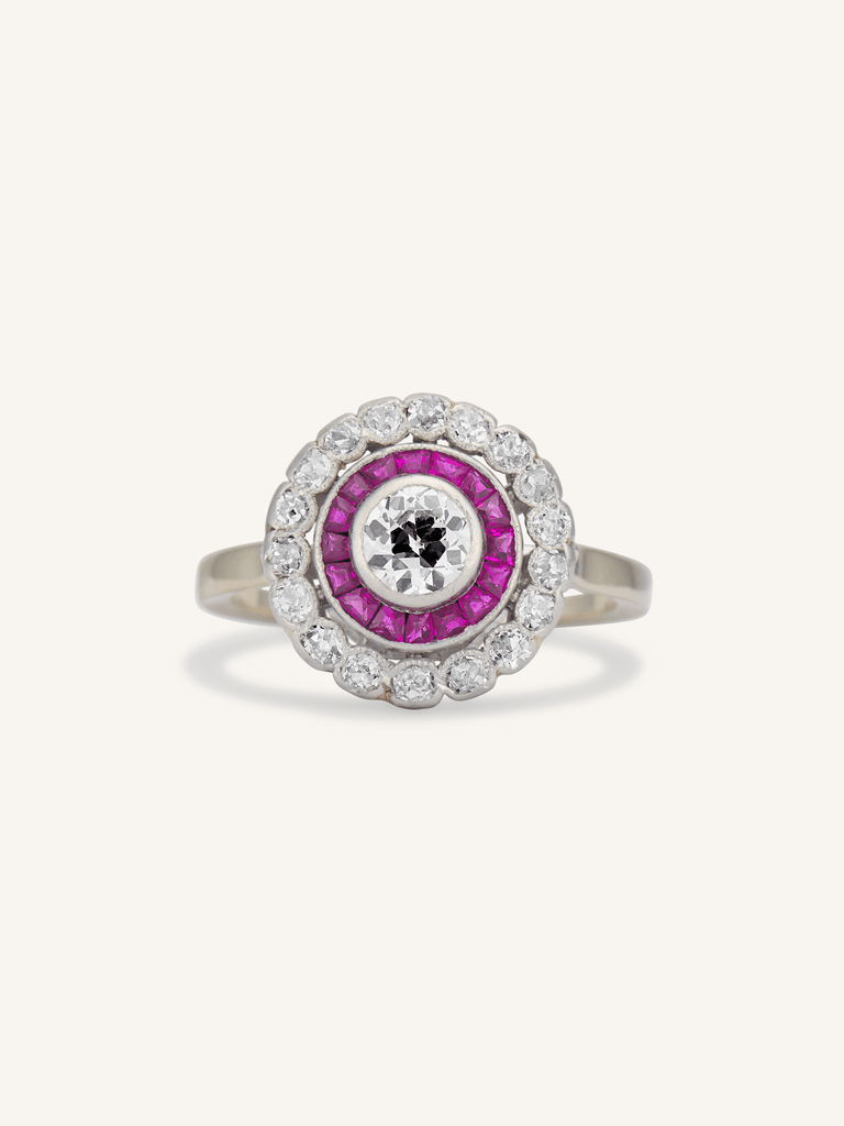 Edwardian Old European Cut Diamond & Ruby Antique Target Engagement Ring, France