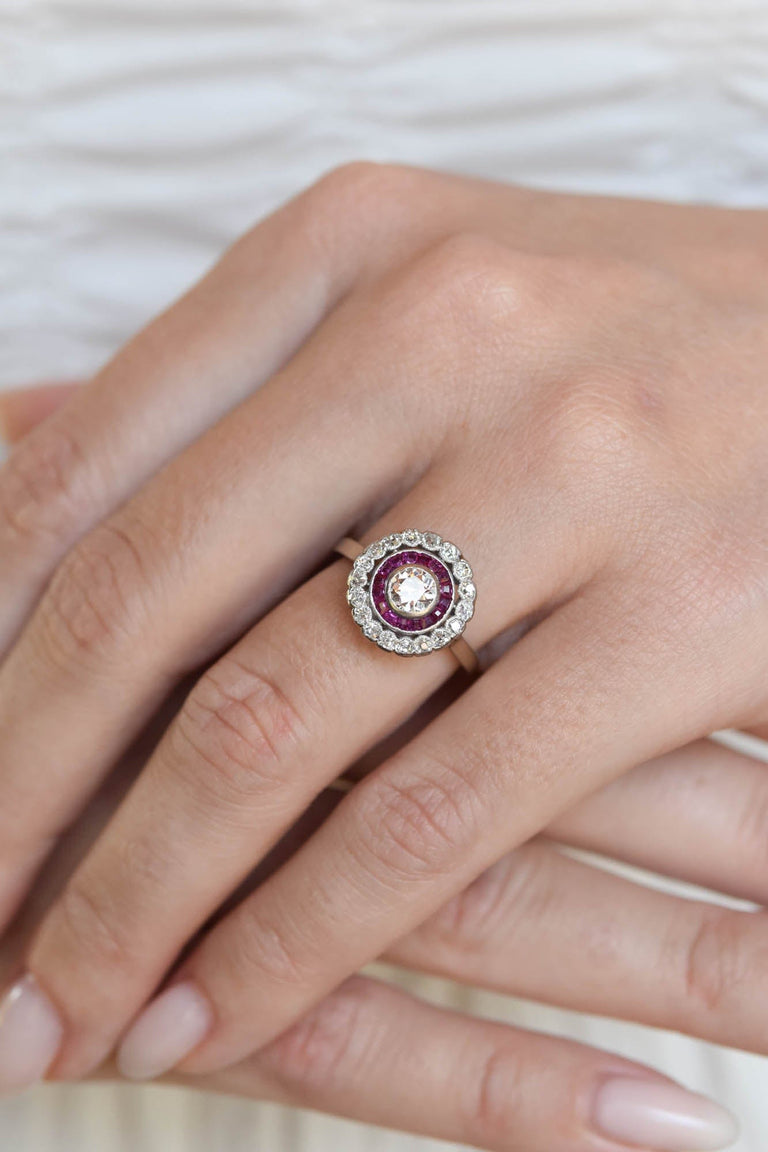 Edwardian Old European Cut Diamond & Ruby Antique Target Engagement Ring, France