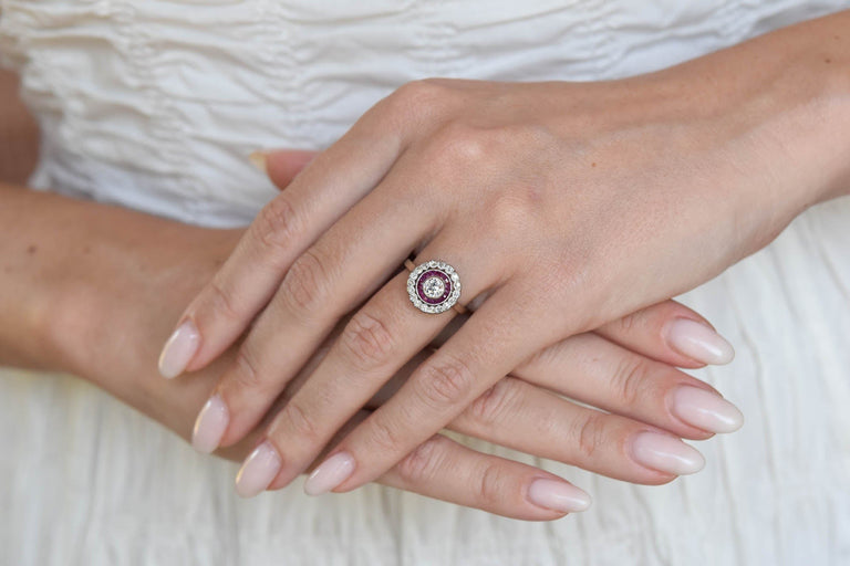 Edwardian Old European Cut Diamond & Ruby Antique Target Engagement Ring, France