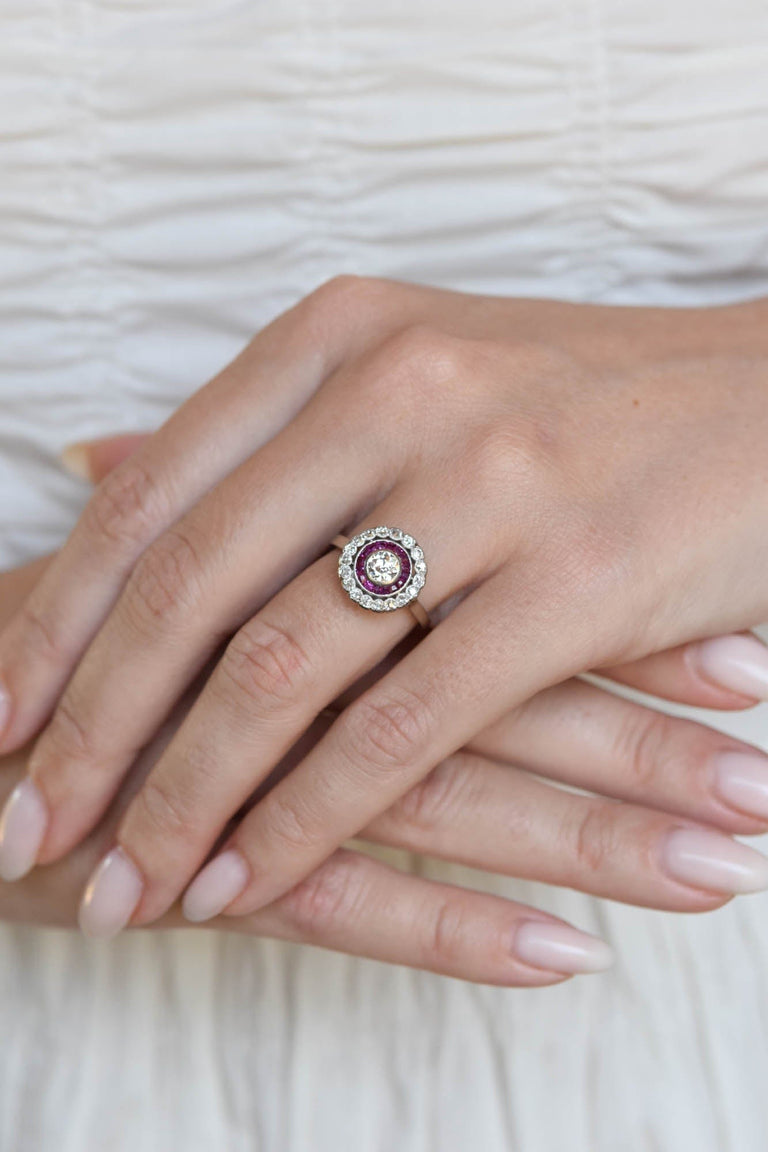 Edwardian Old European Cut Diamond & Ruby Antique Target Engagement Ring, France