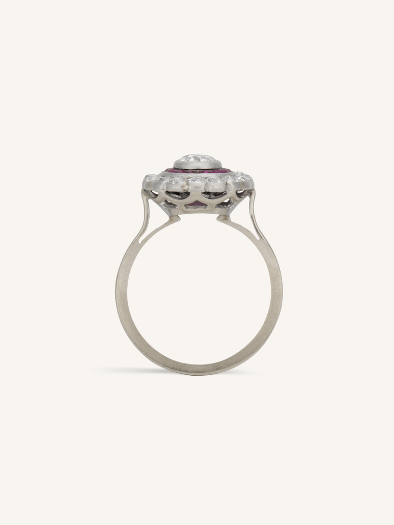 Edwardian Old European Cut Diamond & Ruby Antique Target Engagement Ring, France