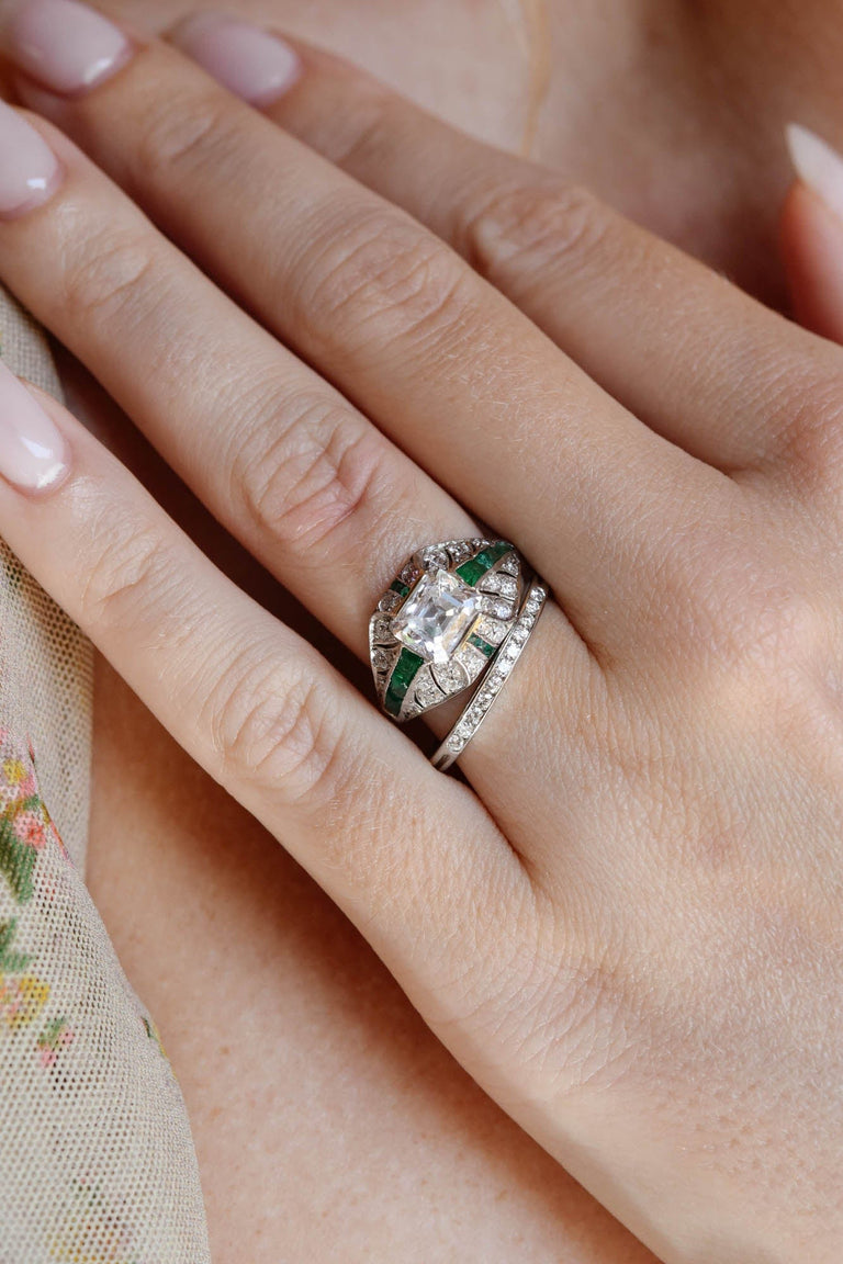 J.E. Caldwell Art Deco 1.84 Carat Emerald Cut Diamond and Emerald Vintage Engagement Ring
