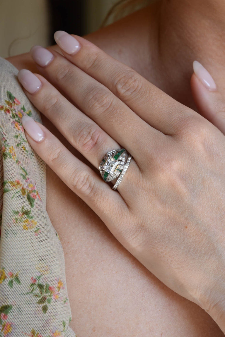 J.E. Caldwell Art Deco 1.84 Carat Emerald Cut Diamond and Emerald Vintage Engagement Ring