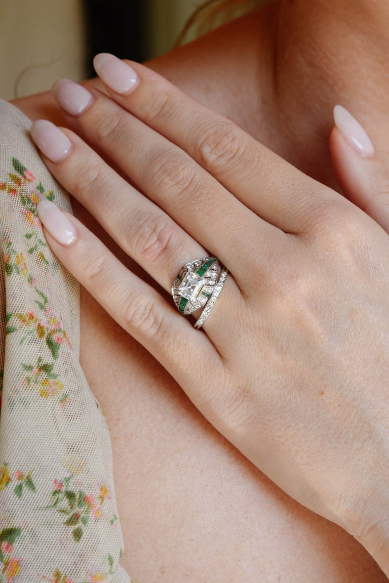 J.E. Caldwell Art Deco 1.84 Carat Emerald Cut Diamond and Emerald Vintage Engagement Ring