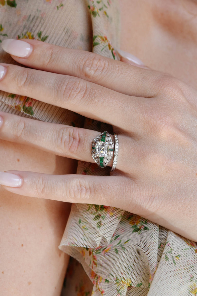 J.E. Caldwell Art Deco 1.84 Carat Emerald Cut Diamond and Emerald Vintage Engagement Ring