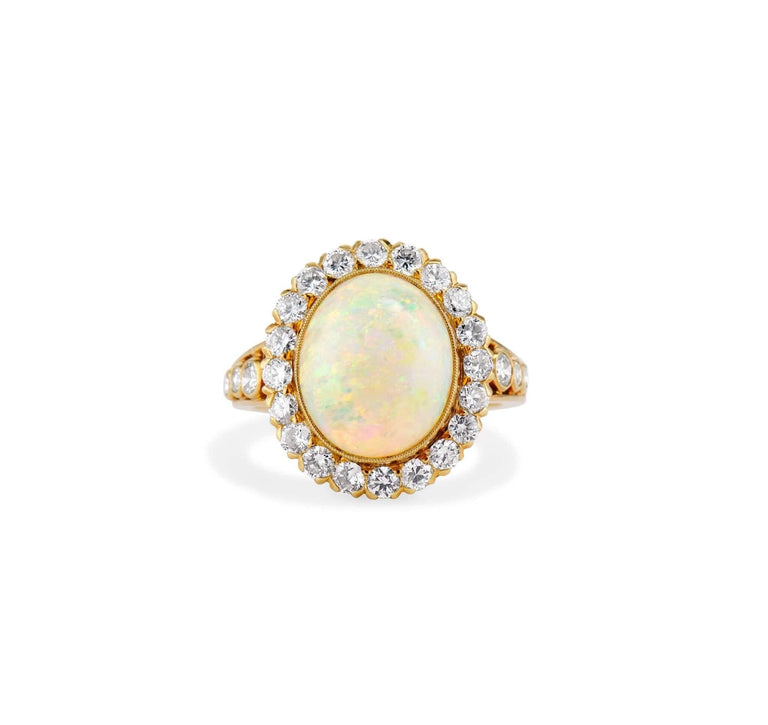 J.E. Caldwell Edwardian Opal Cabochon & Diamond Cluster Ring, America