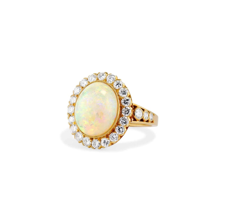 J.E. Caldwell Edwardian Opal Cabochon & Diamond Cluster Ring, America