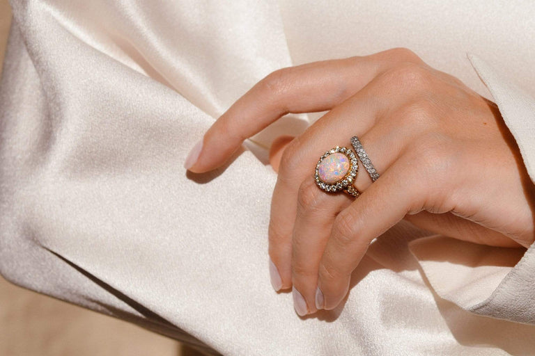 J.E. Caldwell Edwardian Opal Cabochon & Diamond Cluster Ring, America