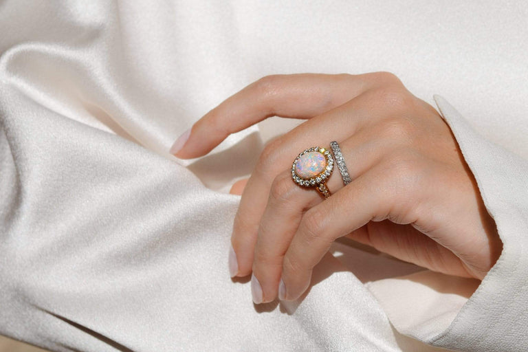 J.E. Caldwell Edwardian Opal Cabochon & Diamond Cluster Ring, America