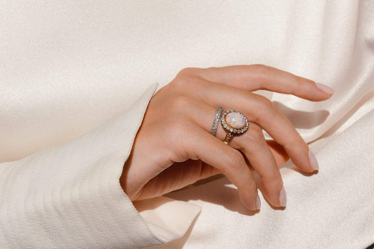 J.E. Caldwell Edwardian Opal Cabochon & Diamond Cluster Ring, America