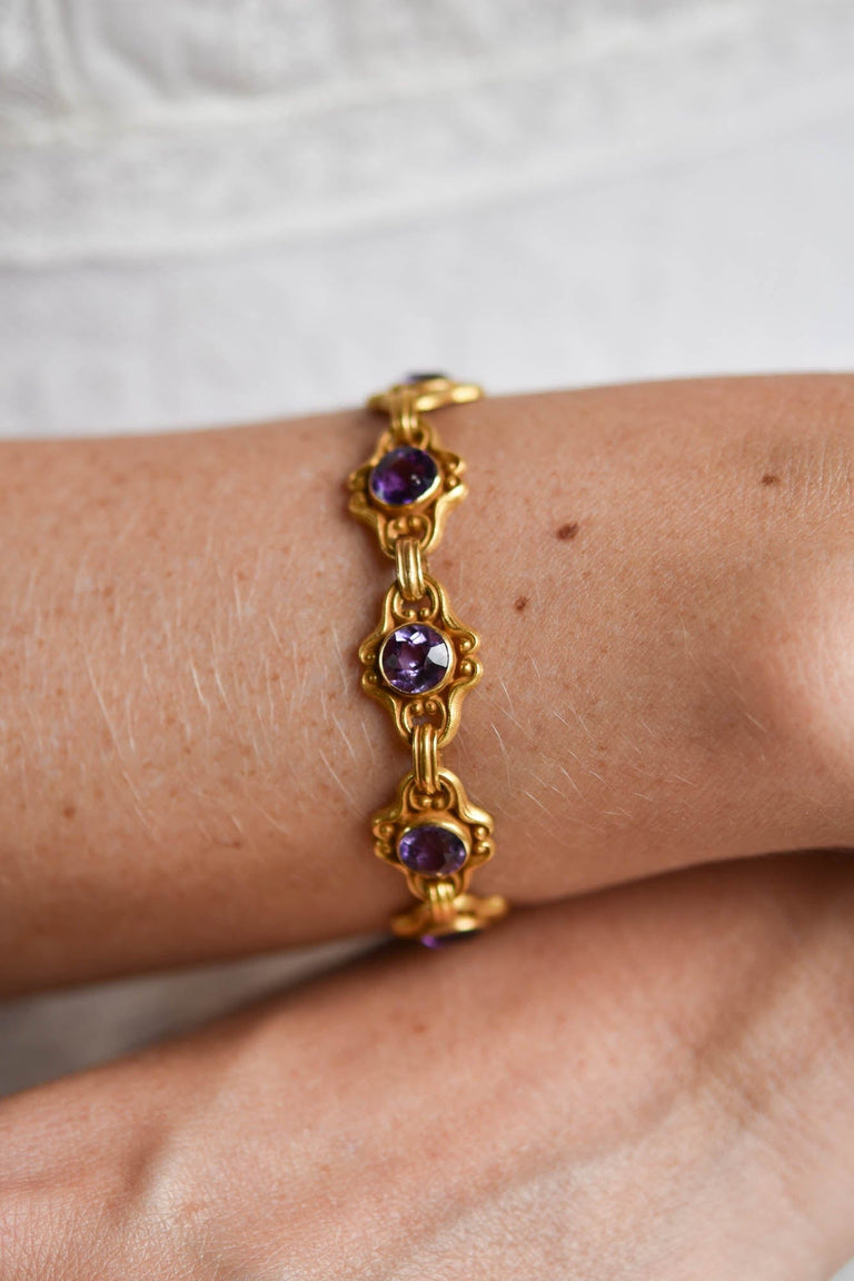 Krementz 14K Gold Amethyst Link Bracelet | Antique Edwardian c.1915