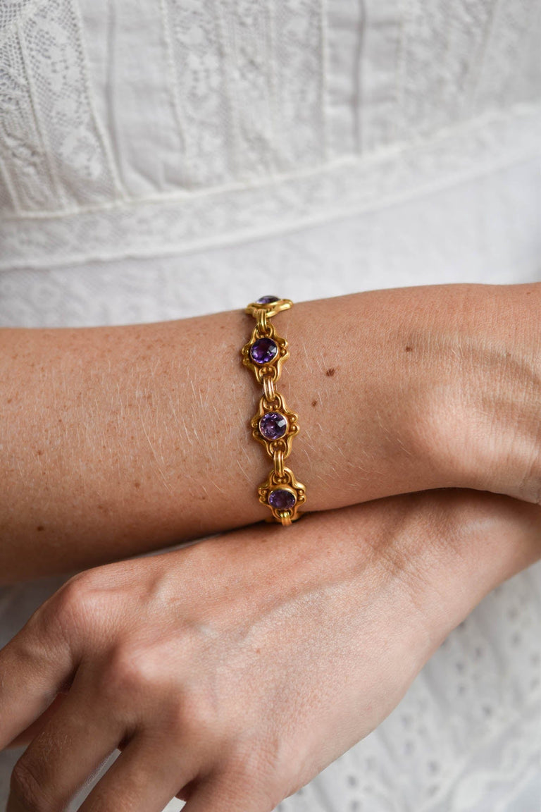 Krementz 14K Gold Amethyst Link Bracelet | Antique Edwardian c.1915