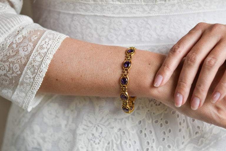 Krementz 14K Gold Amethyst Link Bracelet | Antique Edwardian c.1915
