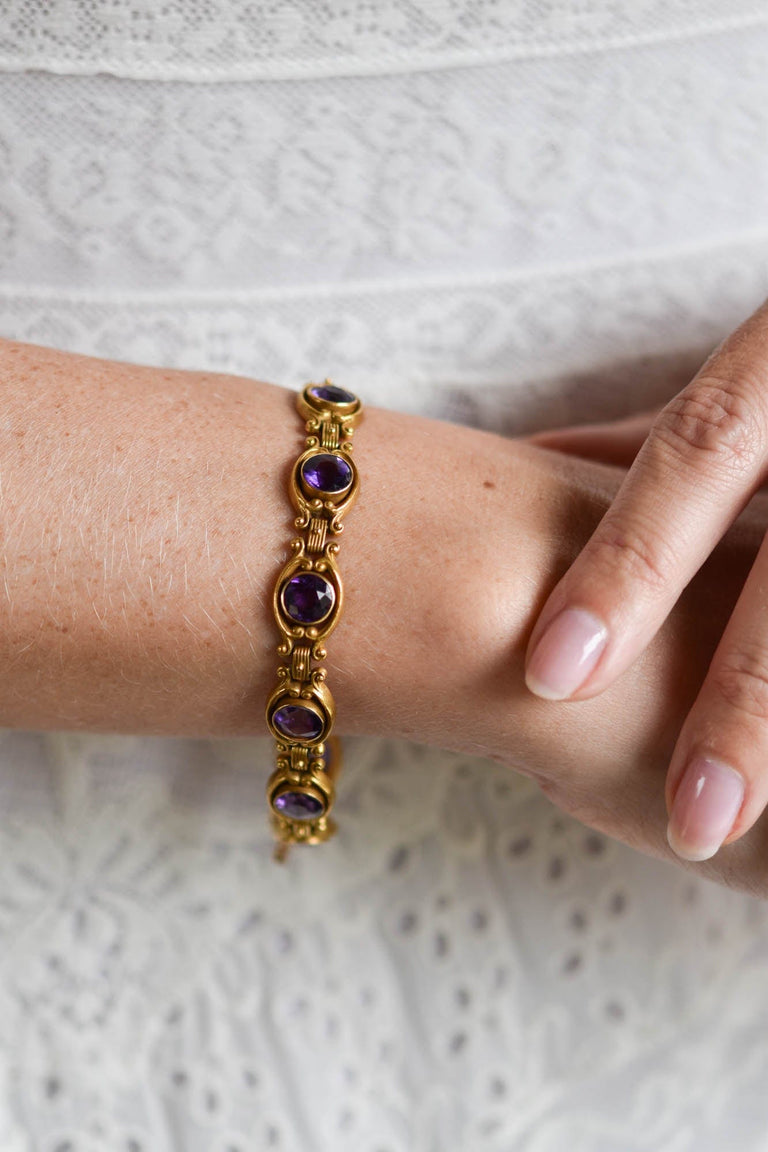 Krementz 14K Gold Amethyst Link Bracelet | Antique Edwardian c.1915