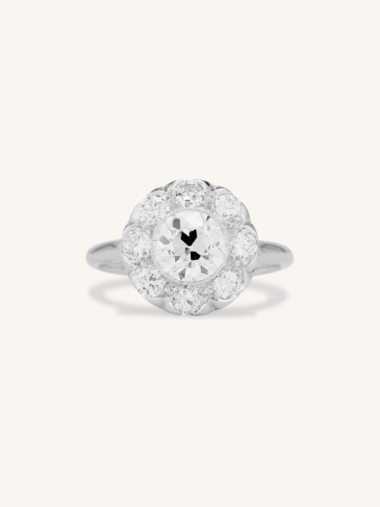 Late Art Deco 1.36 Carat Transitional Cut Diamond Cluster Engagement Ring