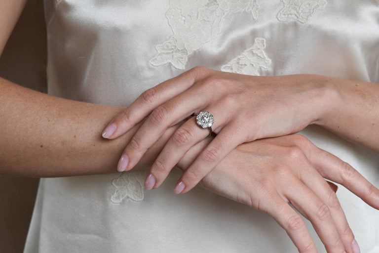 Late Art Deco 1.36 Carat Transitional Cut Diamond Cluster Engagement Ring