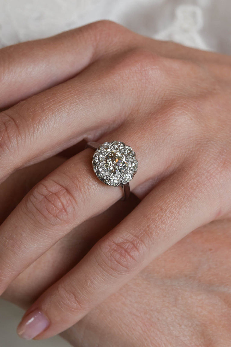 Late Art Deco 1.36 Carat Transitional Cut Diamond Cluster Engagement Ring