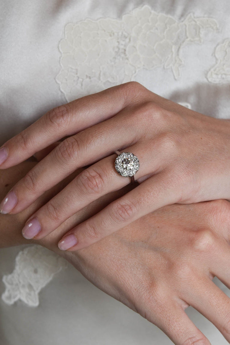 Late Art Deco 1.36 Carat Transitional Cut Diamond Cluster Engagement Ring