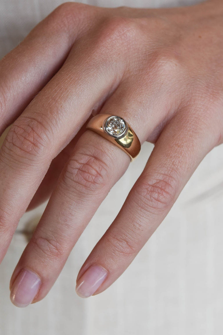 Late Art Deco Bezel Set Old Mine Cushion Diamond Solitaire Engagement Ring