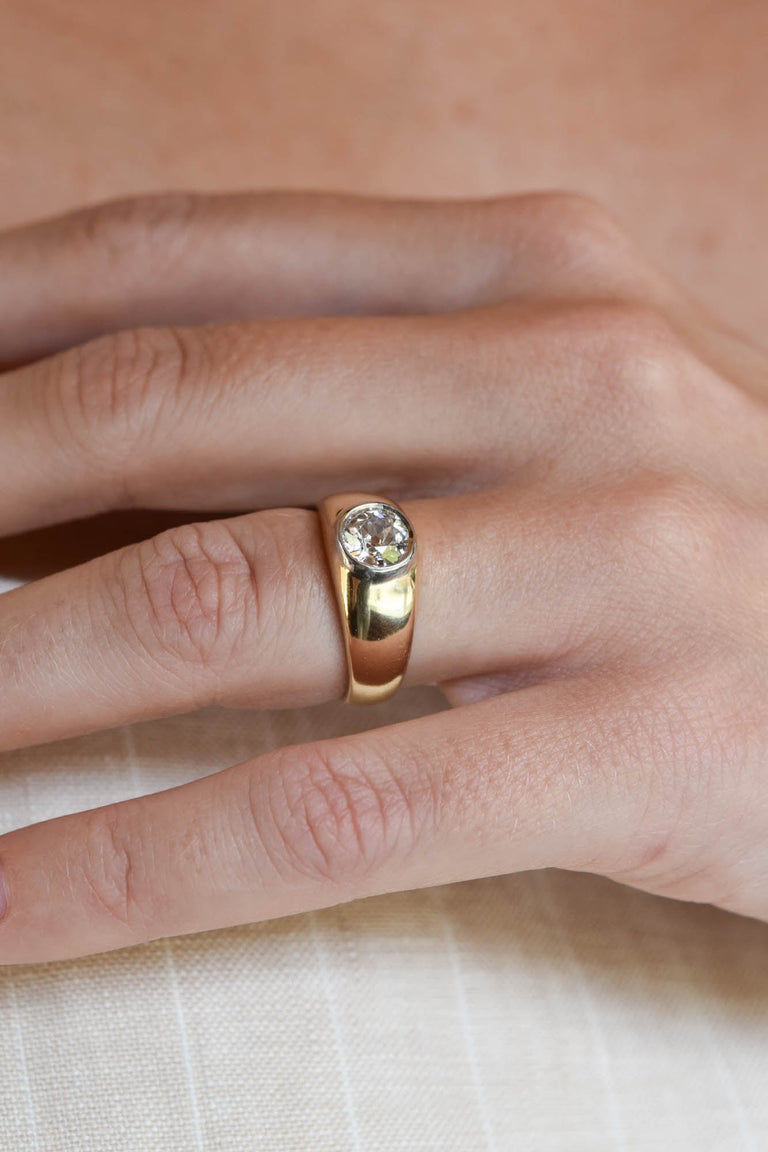 Late Art Deco Bezel Set Old Mine Cushion Diamond Solitaire Engagement Ring