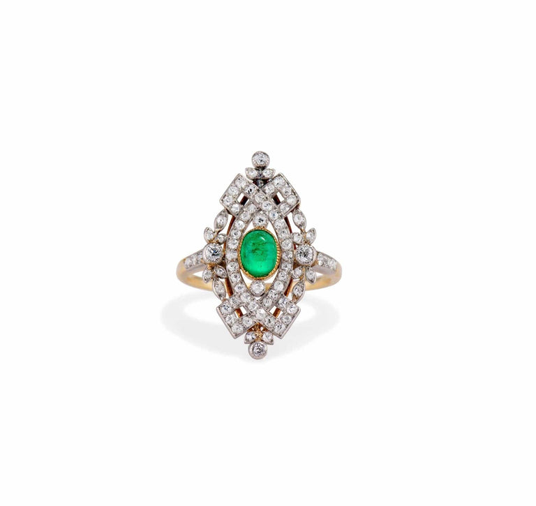 Late Edwardian .50 Carat Cabochon Emerald and Diamond Navette, France